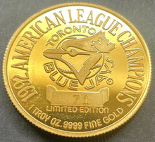 Load image into Gallery viewer, 1992 Toronto Blue Jays AL Champions Ltd Ed 71/99 1oz Gold Coin MLB World Series