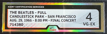 Load image into Gallery viewer, 1966 The Beatles Candlestick Park Final Concert Full Ticket VG-EX 4 iCert