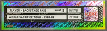 Load image into Gallery viewer, 1988/89 Slayer World Sacrifice Tour Unused Backstage Pass Graded iCert NM-MT 8