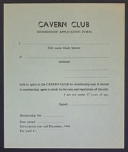 Load image into Gallery viewer, 1964 Cavern Club Liverpool Unused Membership Application Form Vintage 2 LOAs