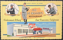 Load image into Gallery viewer, 1940's Joe DiMaggio Restaurant Curteich Postcard Vintage Linen Baseball HOF MLB