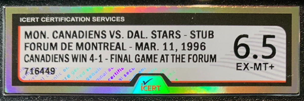 1996 Canadiens Montreal Forum Final Game Ticket Stub iCert 6.5 NHL