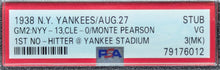 Load image into Gallery viewer, 1938 New York Yankees First No Hitter Ticket Stub Monte Pearson Grey Flannel PSA