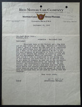 Load image into Gallery viewer, September 15th 1928 REO Motor Car Company Vintage Signed Letter On Letterhead