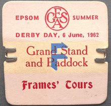Load image into Gallery viewer, 1962 Epsom Derby Day Paddock + Grandstand Pinback Pass Horse Racing Vintage