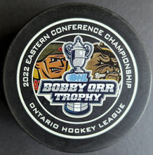Load image into Gallery viewer, 2022 Ontario Hockey League OHL Conference Finals Game Puck Bobby Orr Trophy