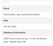 Load image into Gallery viewer, 2020 Toronto Blue Jays Robbie Ray Game Worn Jersey MLB Holo Baseball Photo Match