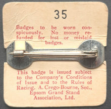 Load image into Gallery viewer, 1962 Epsom Derby Day Paddock + Grandstand Pinback Pass Horse Racing Vintage