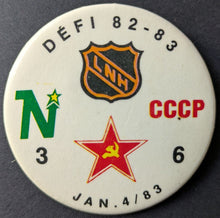 Load image into Gallery viewer, 1983 NHL Vs Soviet Hockey Series Vtg Pinback Minnesota Northstars Team Russia