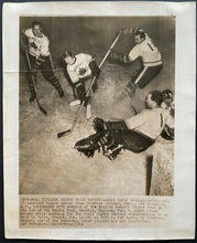 Load image into Gallery viewer, 1949 Press Photo 15 Year Old Figure Skater Tries Hockey vs Wembley Monarchs