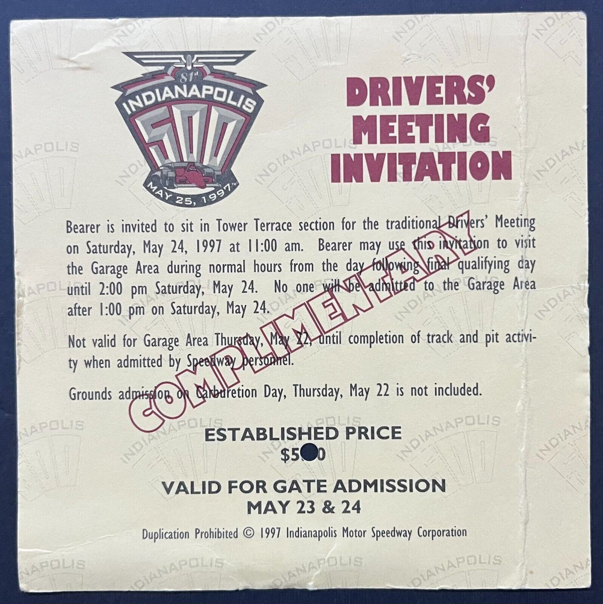 1997 Indy 500 Ticket + Parking Pass + Drivers' Meeting Invitation Vint