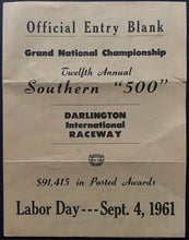 Load image into Gallery viewer, 1961 Original Entry Form NASCAR Southern 500 Darlington Raceway Vintage Racing