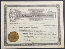 Load image into Gallery viewer, 1937 Share Certificate For Consumers Co-Op in Timmins / Porcupine #1289 Ontario