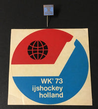 Load image into Gallery viewer, 1973 World Ice Hockey Championship Lapel Pin + Decal Holland Tournament Vintage