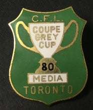 Load image into Gallery viewer, Vintage 1980 Grey Cup CFL Football Press Pin Media Hamilton vs Edmonton Eskimos