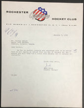 Load image into Gallery viewer, 1963 Rochester Americans Hockey Letter Signed GM Jack Riley + Punch Imlach