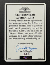 Load image into Gallery viewer, Joe DiMaggio Porcelain Card Set x4 + 1 Signed #333/500 Baseball Authentic COA