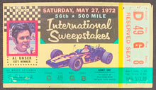 Load image into Gallery viewer, 1972 Indy 500 Mile International Sweepstakes Racing Ticket Donohue Wins
