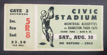 Load image into Gallery viewer, 1963 Civic Stadium Montreal Alouettes vs Hamilton Tiger-Cats CFL Ticket