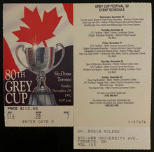 Load image into Gallery viewer, 1992 CFL Grey Cup Ticket + Schedule Calgary Stampeders Winnipeg Blue Bombers
