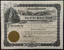 Load image into Gallery viewer, 1926 Base-O-Lite Products Ltd Canada Stock Certificate Vintage