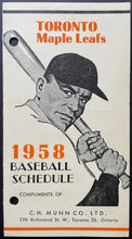 Load image into Gallery viewer, 1958 Toronto Maple Leafs International League Baseball Pocket Schedule CH Munn