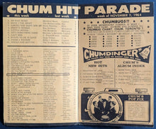 Load image into Gallery viewer, 2 1964 CHUM Charts With Foster Hewitt NHL Hockey Broadcaster Toronto Maple Leafs