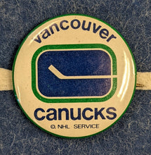 Load image into Gallery viewer, c1970 Vintage Full Size Vancouver Canucks Pennant w/ Attached Pin NHL Hockey
