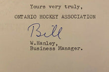 Load image into Gallery viewer, 1959 OHA Hockey Letter Signed HOFer Bill Hanley Autographed Maple Leaf Gardens