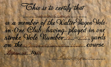 Load image into Gallery viewer, 1954 Golf Legend Walter Hagen Signed Hole-in-One Certificate Autographed PSA LOA