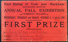Load image into Gallery viewer, 1895 Markham Fall Fair First Prize Horses 2 Year Old Filly Vintage Old Canadiana
