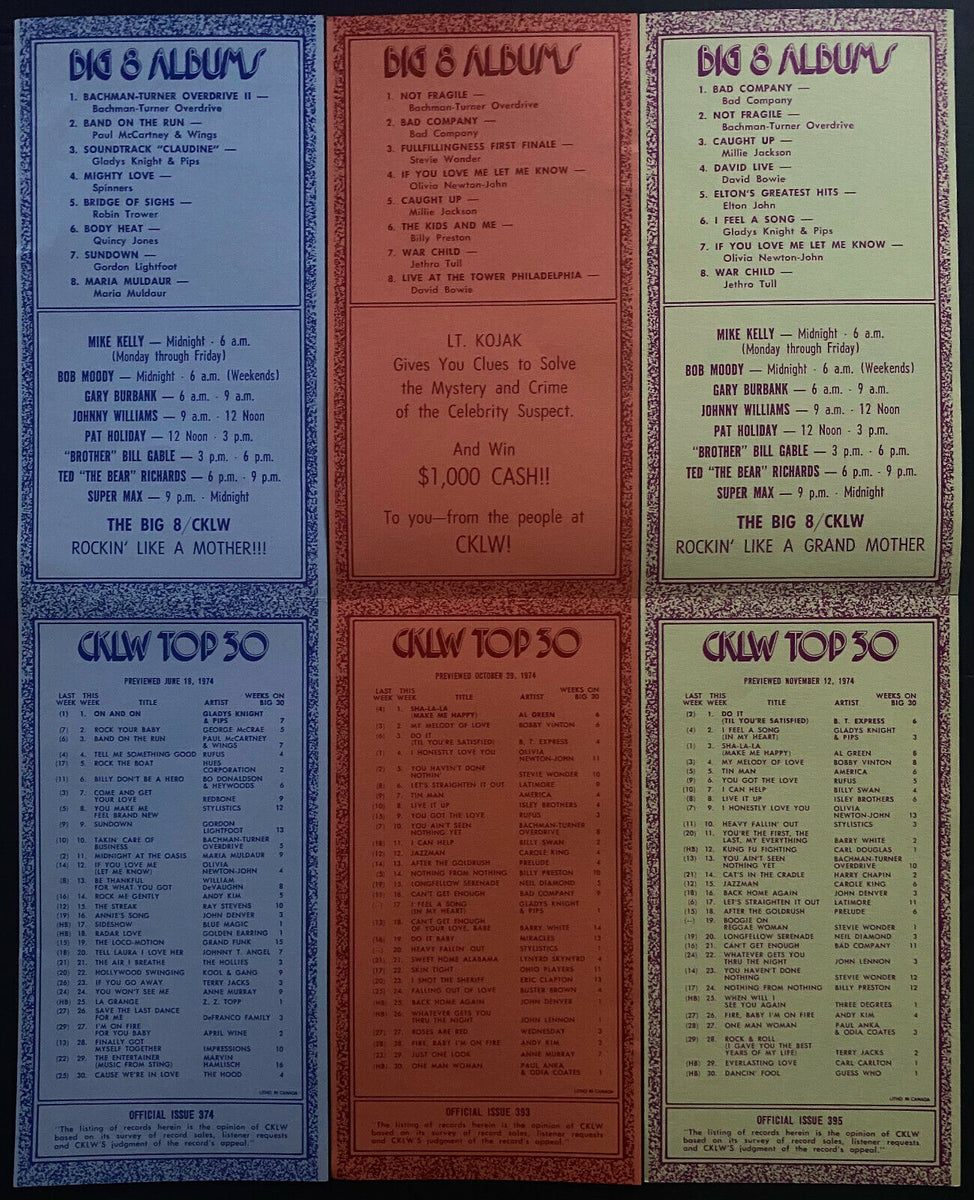3 Different 1974 CKLW Big 30 Radio Survey Record Charts Vintage Music