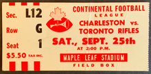 Load image into Gallery viewer, 1965 Continental Football League Program + Ticket Toronto Rifles vs Charleston