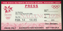 Load image into Gallery viewer, 1998 Nagano Winter Olympic Games Press Ticket Ice Hockey Final Round USA Wins