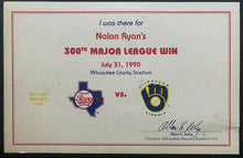 Load image into Gallery viewer, 1990 Vintage MLB Texas Rangers Nolan Ryan 300th Win Ticket Stub Card Certificate