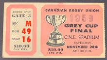 Load image into Gallery viewer, 1959 CFL Grey Cup Ticket C.N.E. Stadium Winnipeg Blue Bombers v Hamilton Ti-Cats
