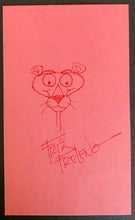 Load image into Gallery viewer, Friz Freleng Signed Autographed 3x5 Card Pink Panther Drawing JSA Disney Artist