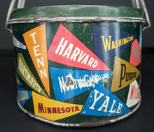 Load image into Gallery viewer, 1940s College Pennant Lunch Pail Tin Box Notre Dame Ohio Alabama Vintage NCAA