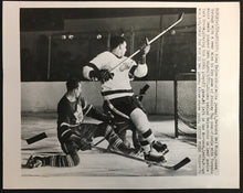 Load image into Gallery viewer, 1952 Stanley Cup Playoffs Hockey Photo Alex Delvecchio Crashing Maple Leafs Net
