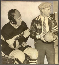 Load image into Gallery viewer, 1935 Vintage Rare NHL Press Photo Chicago Blackhawks New Hockey Helmets