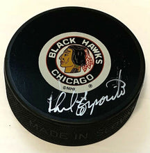 Load image into Gallery viewer, Phil Esposito Signed Chicago Blackhawks NHL Hockey Puck Autographed In Glas Co
