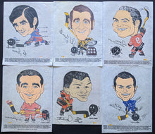 Load image into Gallery viewer, 1970-71 Kelloggs Sporticatures Iron-on Transfers Complete Set of 6 NHL Hockey