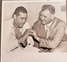 Load image into Gallery viewer, 1950 Joe Louis + Jim Braddock Sporting News Press Photo + Paper Caption Type 1
