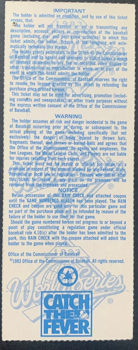 Vintage 1993 World Series Game Ticket Stub Phillies Vs Toronto 