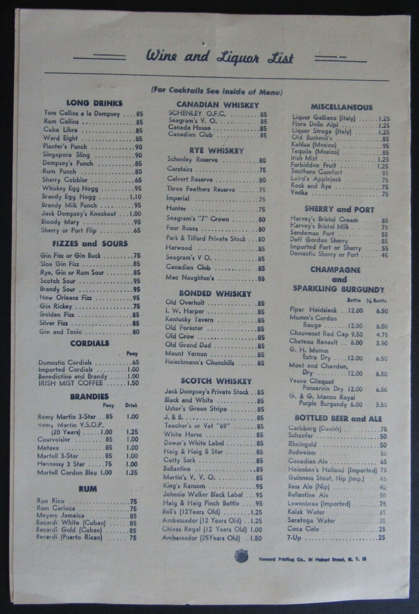 1964 Jack Dempsey New York City Restaurant Menu + Special Cocktail Car ... 1964 Jack Dempsey New York City Restaurant Menu + Special Cocktail Car ...