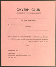 Load image into Gallery viewer, 1965 Cavern Club Membership Application Form Liverpool England The Beatles