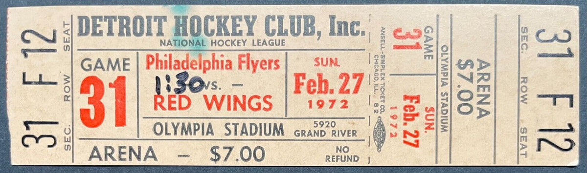 1972 Detroit Red Wings Philadelphia Flyers Olympia NHL Ticket Stub