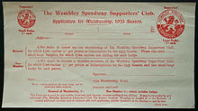 Load image into Gallery viewer, 1935 Membership Application Vintage Wembley Speedway Auto Racing U.K.