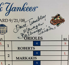 Load image into Gallery viewer, 2008 New York Yankees Original Final Game Lineup Card Signed Dave Trembley LOA