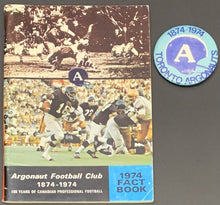 Load image into Gallery viewer, 1974 CFL Toronto Argonuats Media Guide + Pinback 1874-1974 Vintage Football